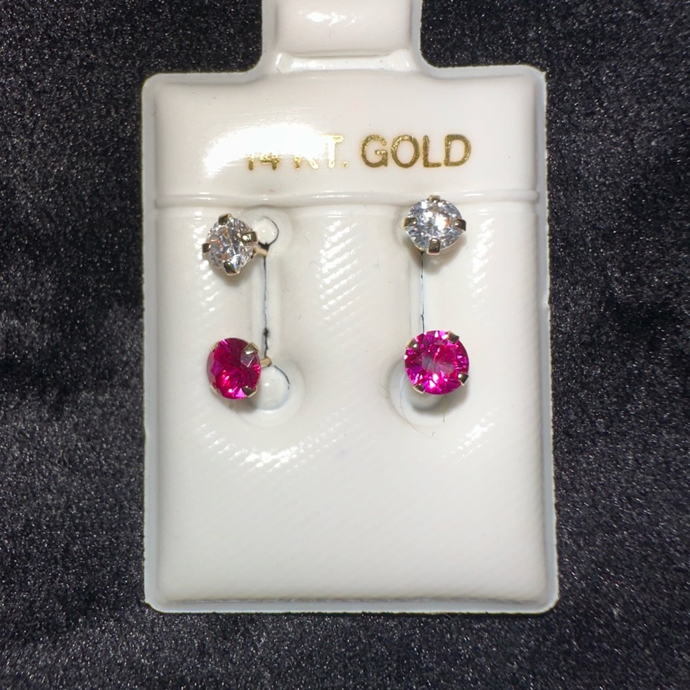 14 K Elegant Tiny White and Ruby Earrings 1/2 Inch Long